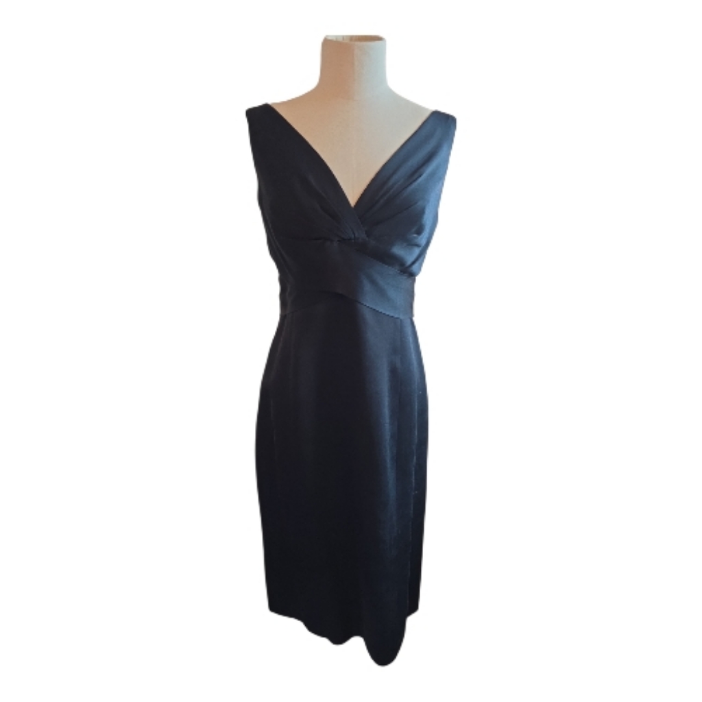 Elie Tahari Black V-Neck 100% Silk Midi Dress Elegant Cocktail Evening Size 10